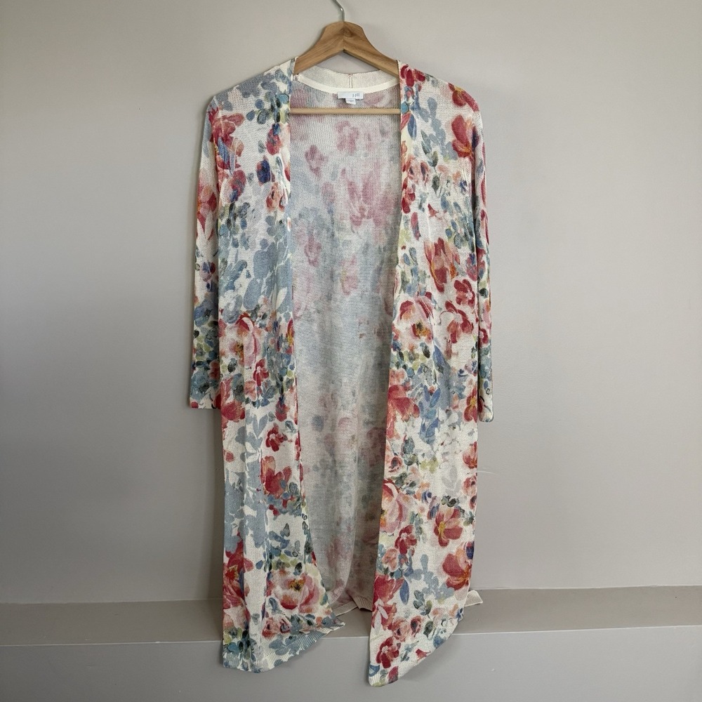 J. Jill Sweater‎ Womens XS Linen Viscose Long Duster Floral Cardigan Long Sleeve
